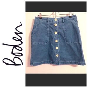 Boden Button Through Corduroy Mini Skirt in Blue Size 8 Regular